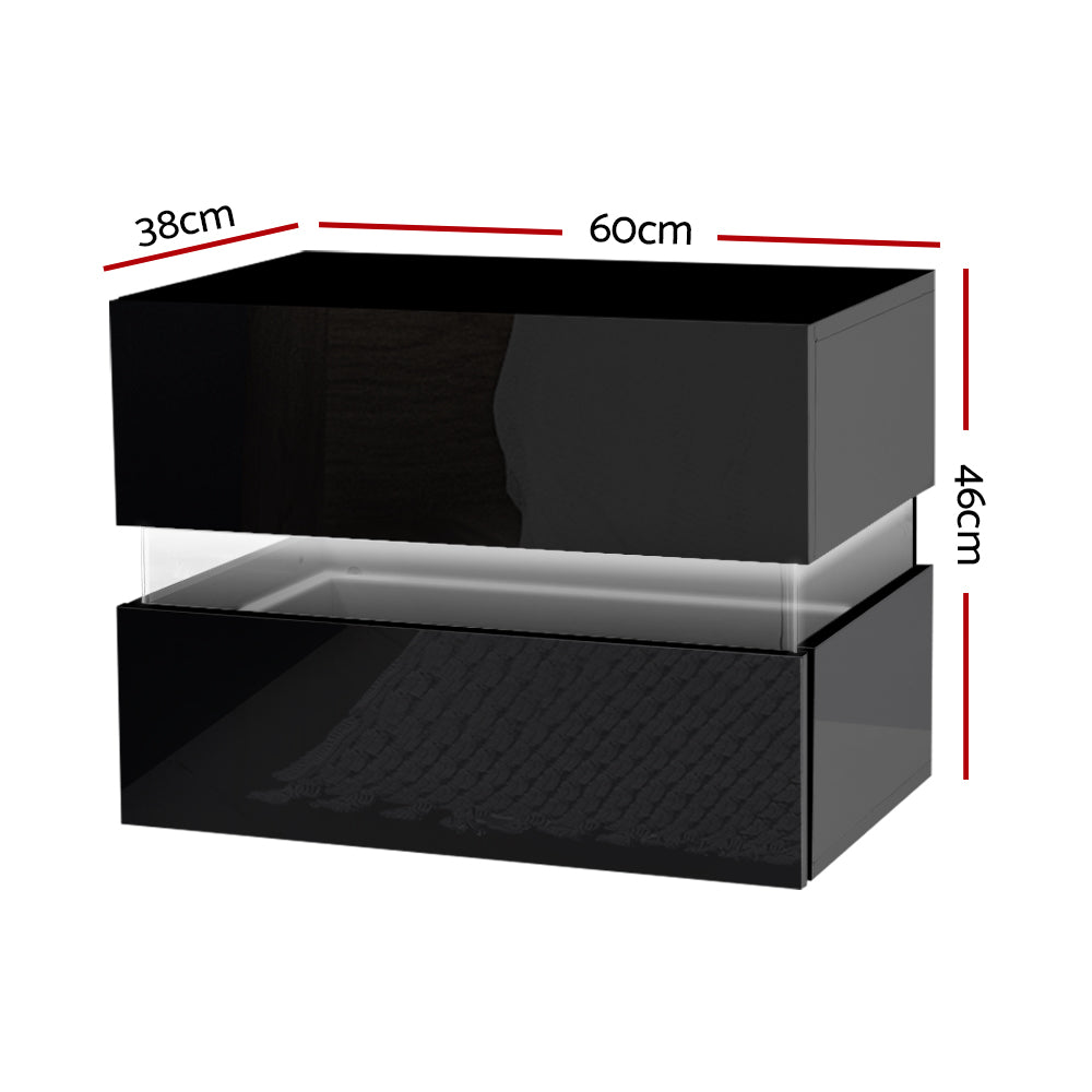 Artiss Bedside Table 2 Drawers RGB LED Side Nightstand High Gloss Cabinet Black-Furniture > Bedroom - Peroz Australia - Image - 3