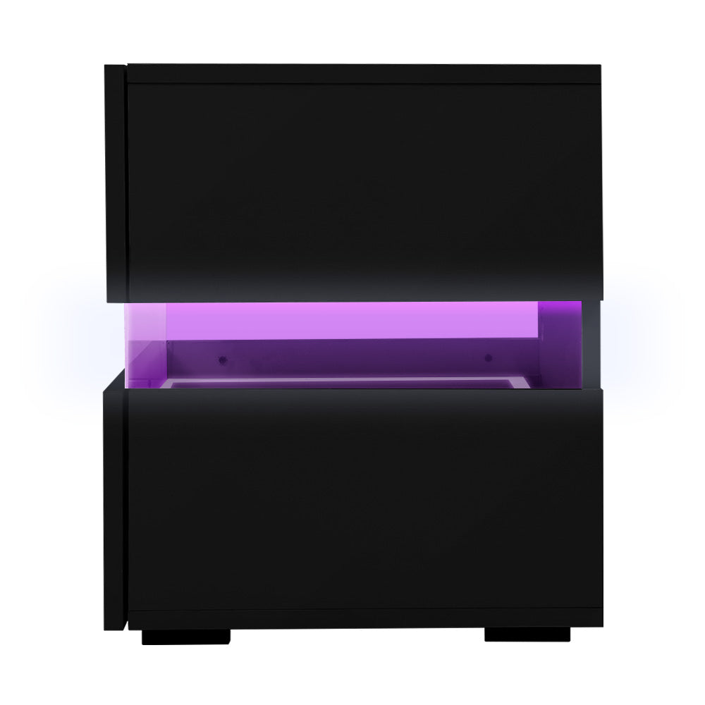 Artiss Bedside Table 2 Drawers RGB LED Side Nightstand High Gloss Cabinet Black-Furniture > Bedroom - Peroz Australia - Image - 5