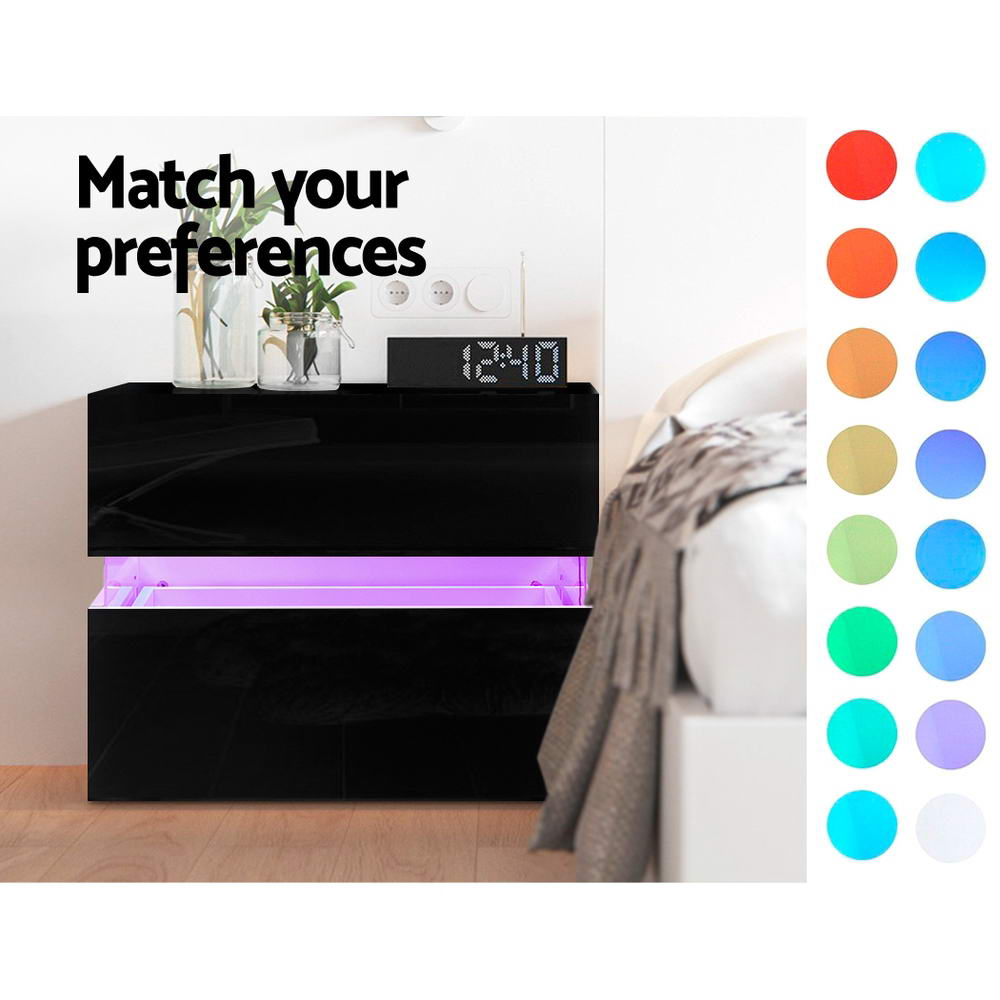 Artiss Bedside Table 2 Drawers RGB LED Side Nightstand High Gloss Cabinet Black-Furniture > Bedroom - Peroz Australia - Image - 6