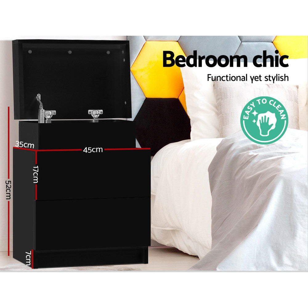 Artiss Bedside Tables 2 Drawers Side Table Storage Nightstand Black Bedroom Wood-Furniture > Bedroom - Peroz Australia - Image - 4