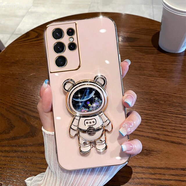 Anymob Samsung Case Light Pink Shiny Glitter Quicksand Astronaut Phone Electroplate Stand Holder Cover-Mobile Phone Cases-PEROZ Accessories