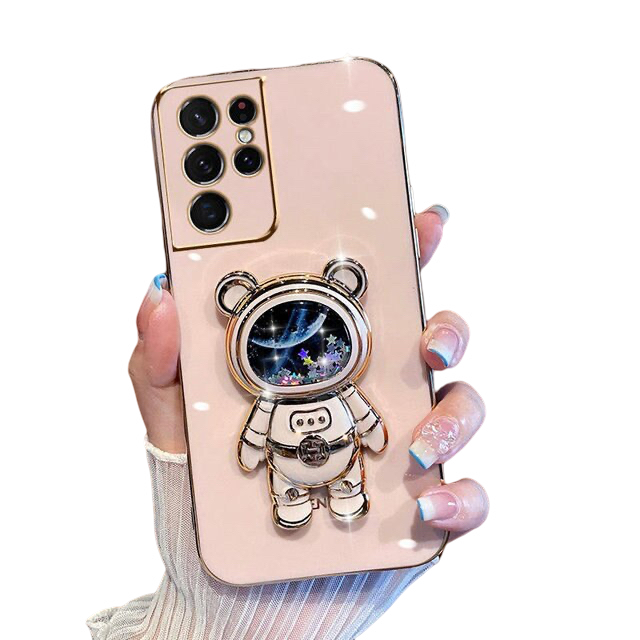 Anymob Samsung Case Light Pink Shiny Glitter Quicksand Astronaut Phone Electroplate Stand Holder Cover-Mobile Phone Cases-PEROZ Accessories