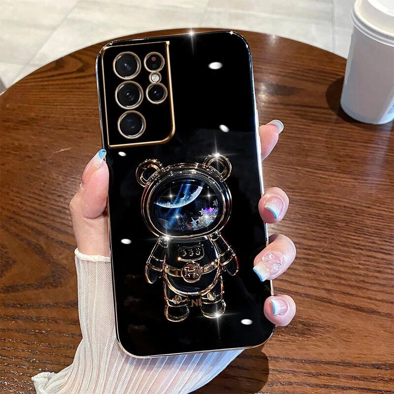 Anymob Samsung Case Black Shiny Glitter Quicksand Astronaut Phone Electroplate Stand Holder Cover-Mobile Phone Cases-PEROZ Accessories