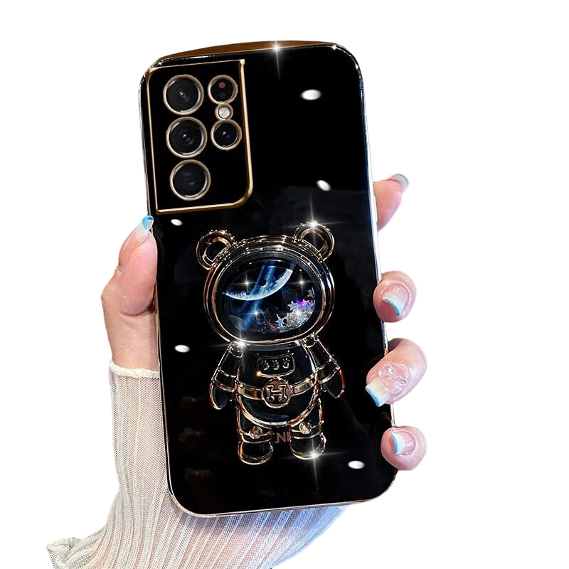 Anymob Samsung Case Black Shiny Glitter Quicksand Astronaut Phone Electroplate Stand Holder Cover-Mobile Phone Cases-PEROZ Accessories
