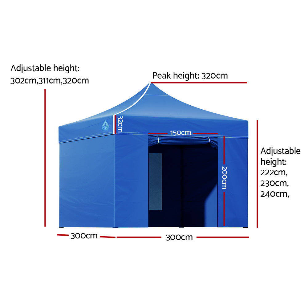 Instahut Gazebo Pop Up Marquee 3x3m Folding Wedding Tent Gazebos Shade Blue-Home & Garden > Shading-PEROZ Accessories