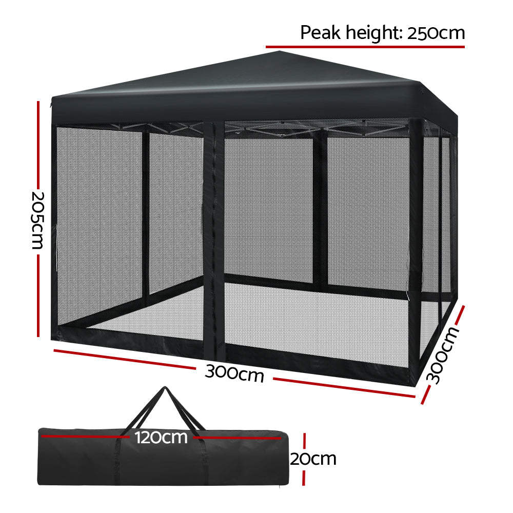 Instahut Gazebo Pop Up Marquee 3x3 Wedding Side Mesh Wall Outdoor Gazebos Black-Home & Garden > Shading-PEROZ Accessories