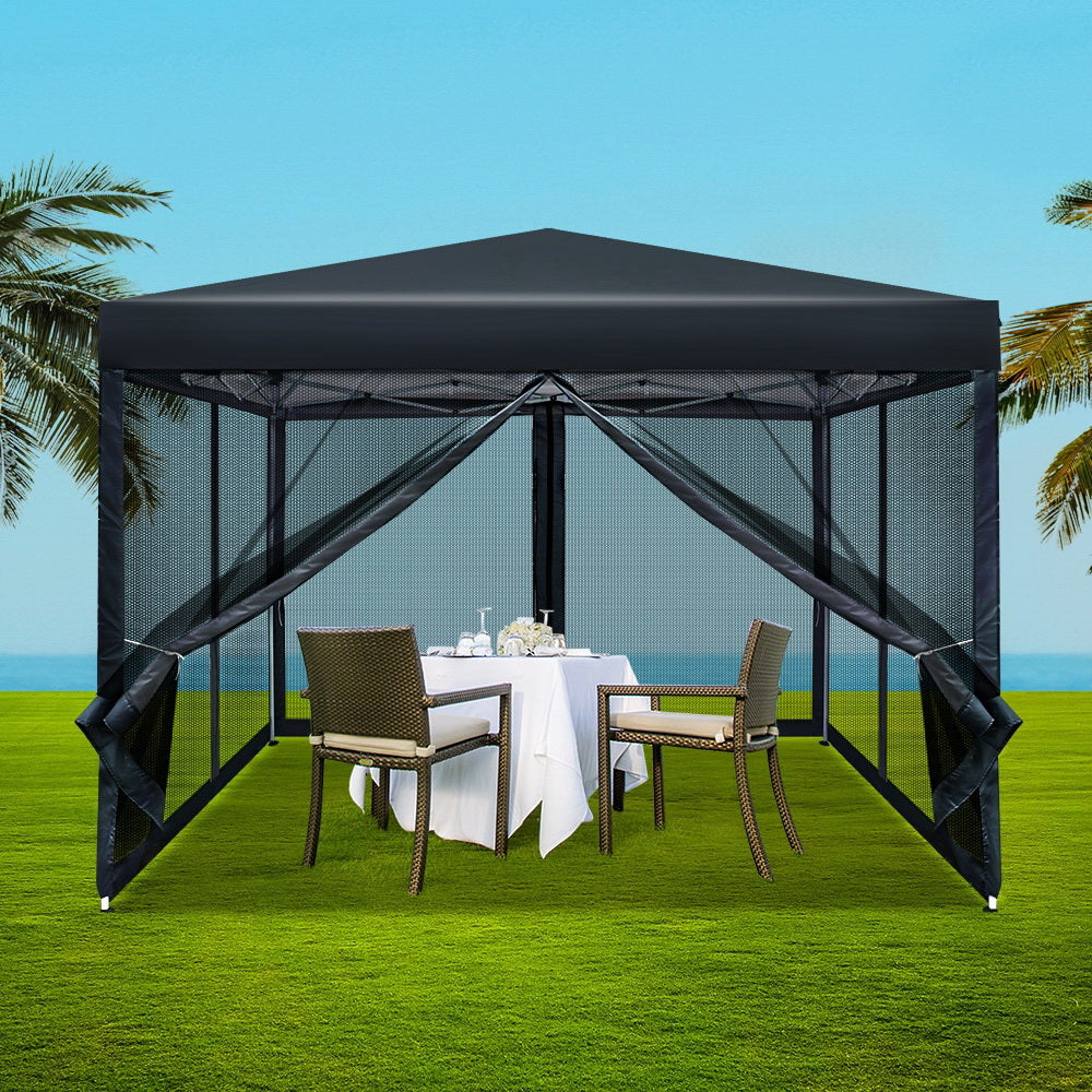 Instahut Gazebo Pop Up Marquee 3x3 Wedding Side Mesh Wall Outdoor Gazebos Black-Home & Garden > Shading-PEROZ Accessories