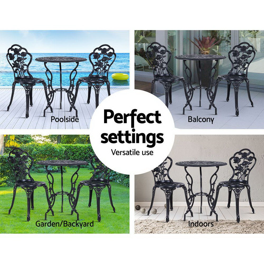 Gardeon 3PC Outdoor Setting Cast Aluminium Bistro Table Chair Patio Black-Furniture > Outdoor-PEROZ Accessories