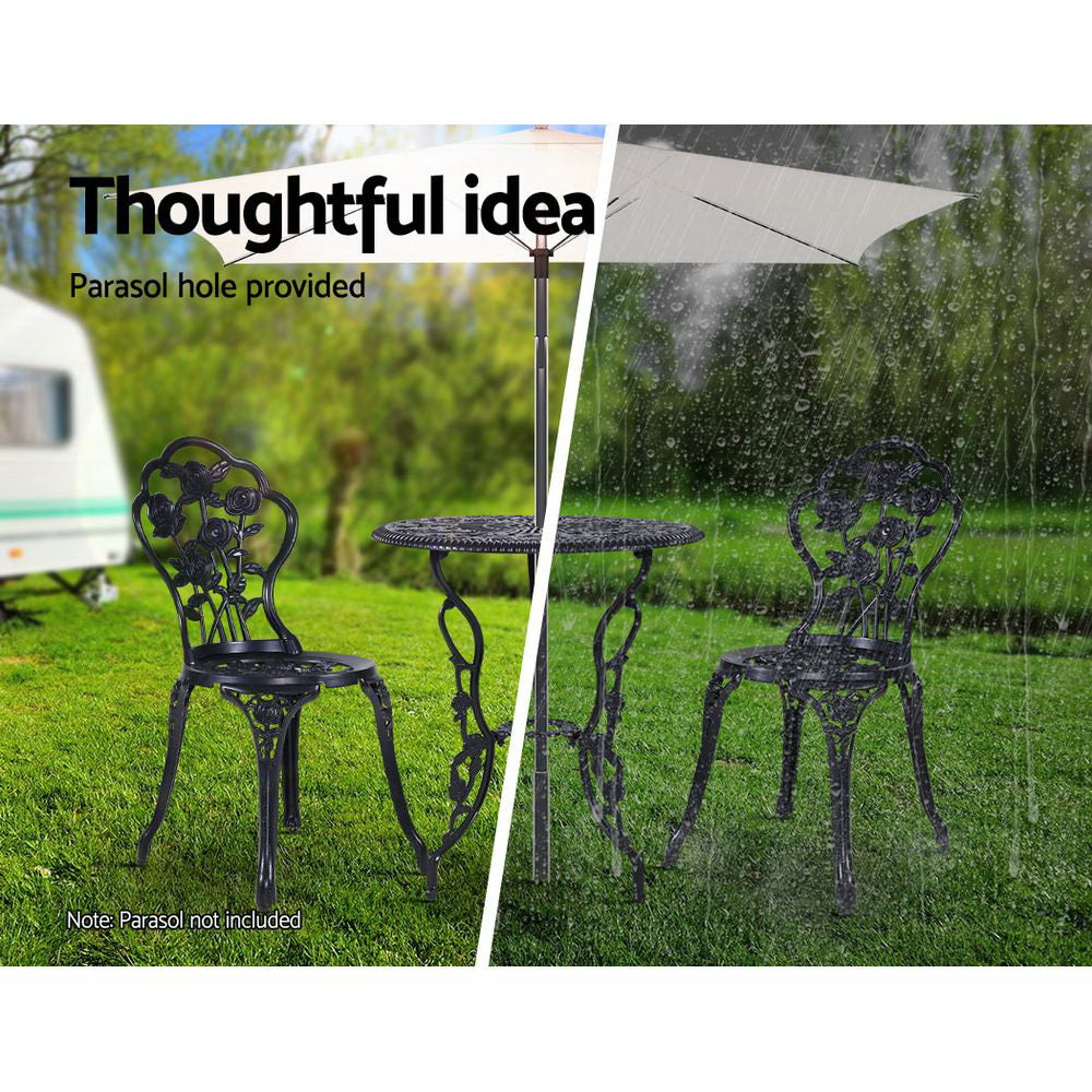 Gardeon 3PC Outdoor Setting Cast Aluminium Bistro Table Chair Patio Black-Furniture > Outdoor-PEROZ Accessories