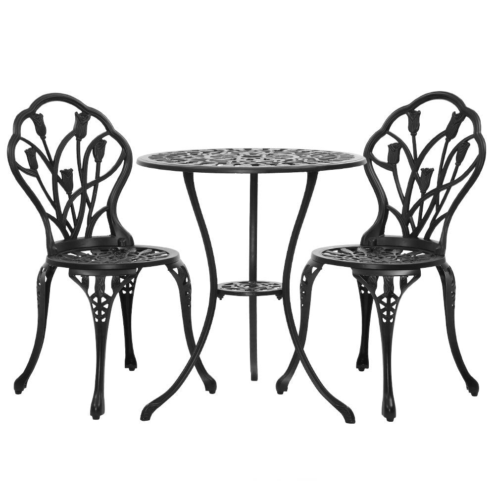 Gardeon 3PC Outdoor Setting Cast Aluminium Bistro Table Chair Patio Black-Furniture &gt; Outdoor-PEROZ Accessories