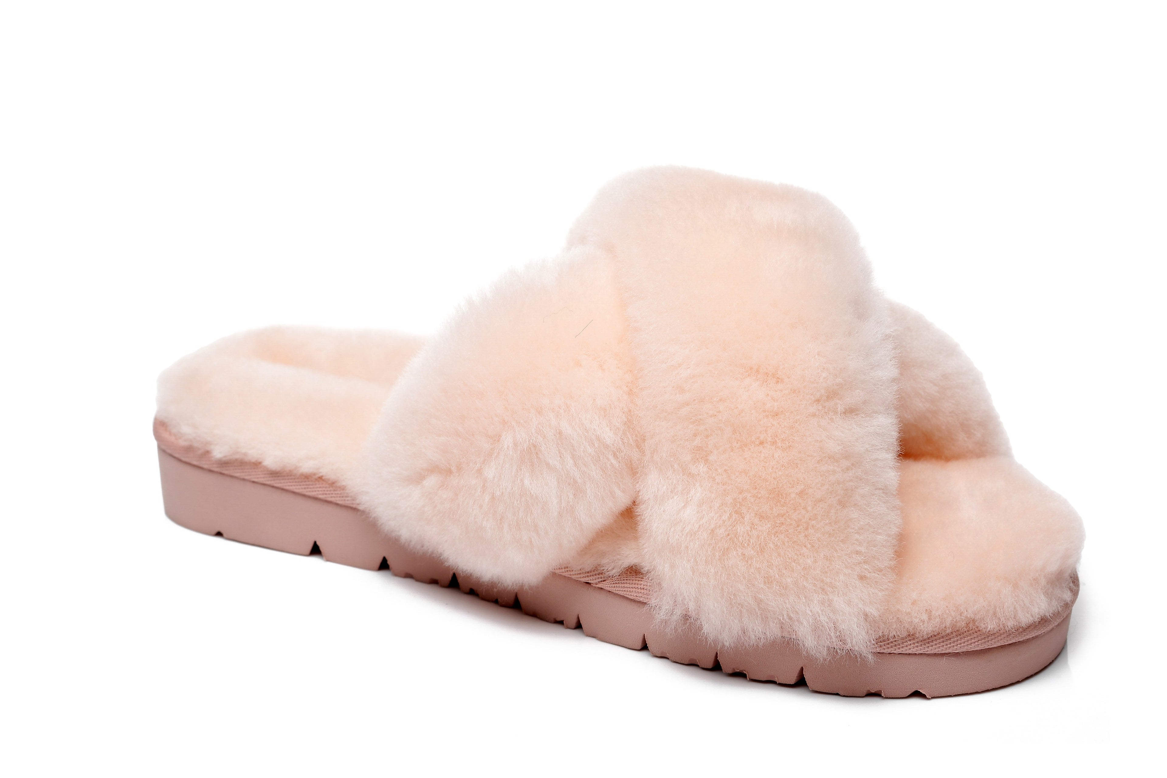 Australian Shepherd Sheepskin Wool Women Fluffy Crossover Slide Slipper Leanna-Slippers-PEROZ Accessories