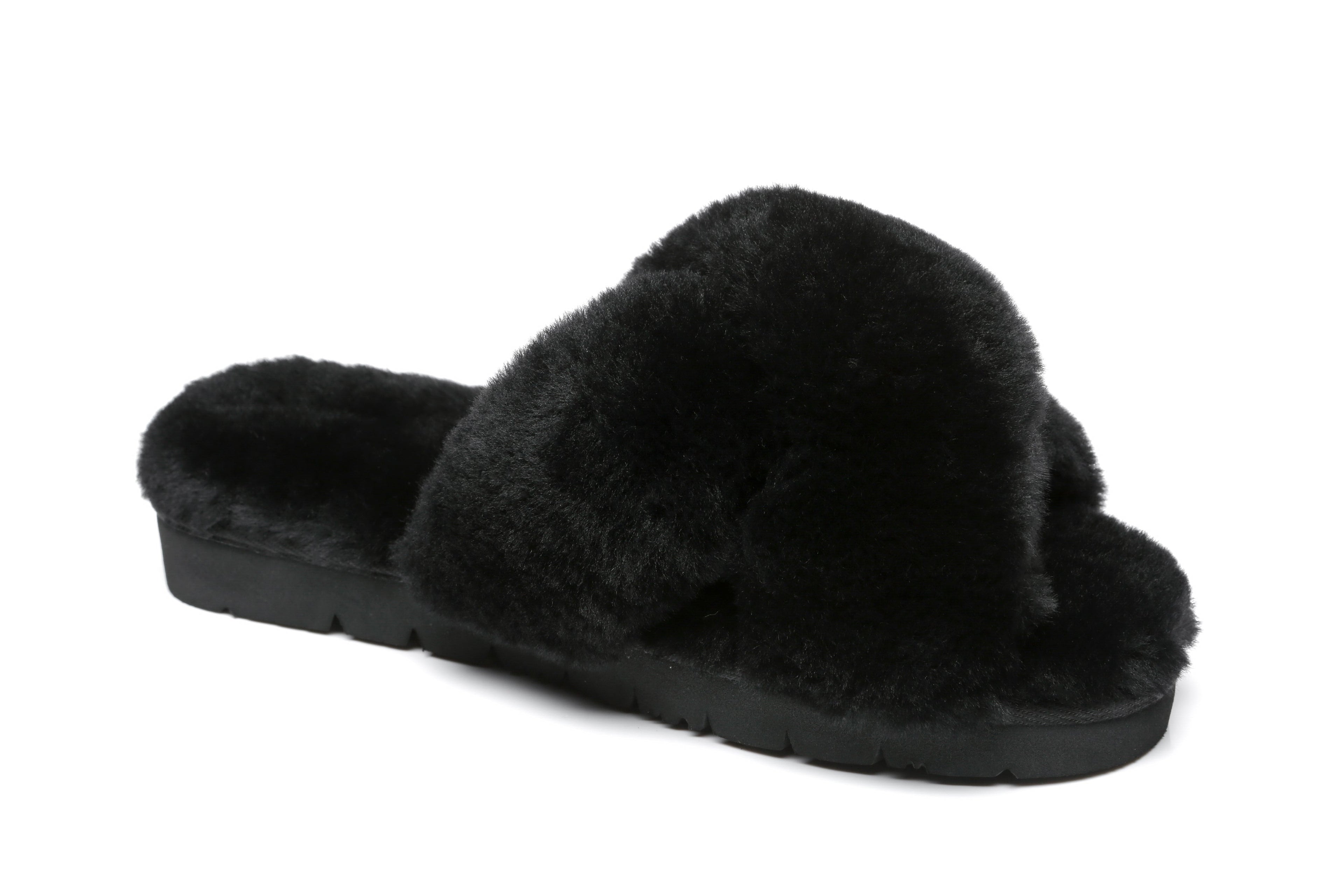 Australian Shepherd Sheepskin Wool Women Fluffy Crossover Slide Slipper Leanna-Slippers-PEROZ Accessories