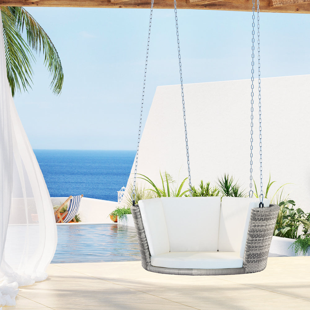 Gardeon Rattan Porch Swing Chair With Chain Cushion Outdoor Furniture Grey-Home & Garden > Hammocks-PEROZ Accessories
