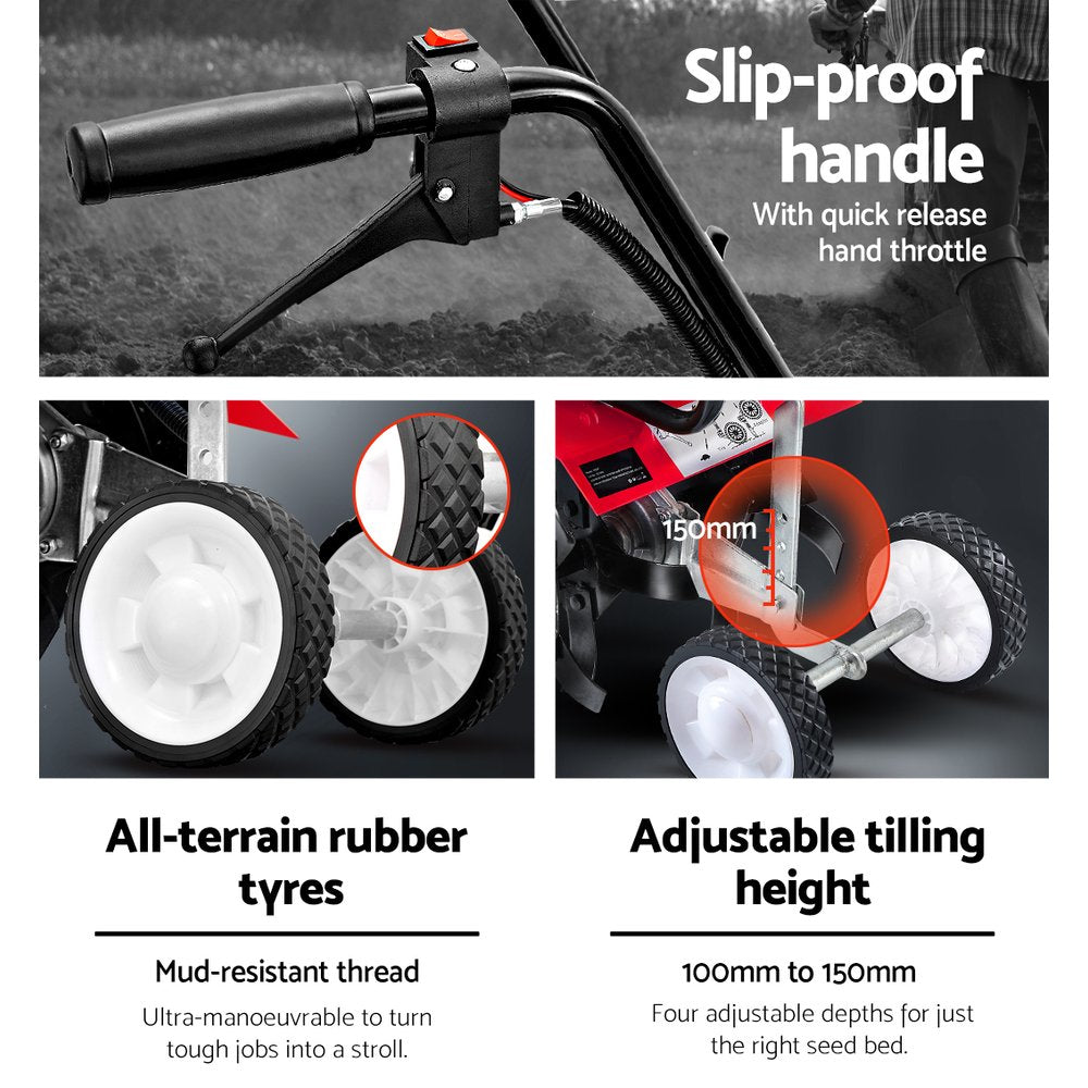 Giantz 88CC Petrol Garden Cultivator Tiller Rotary Hoe 4 Tine Rototiller-Home & Garden > Garden Tools-PEROZ Accessories