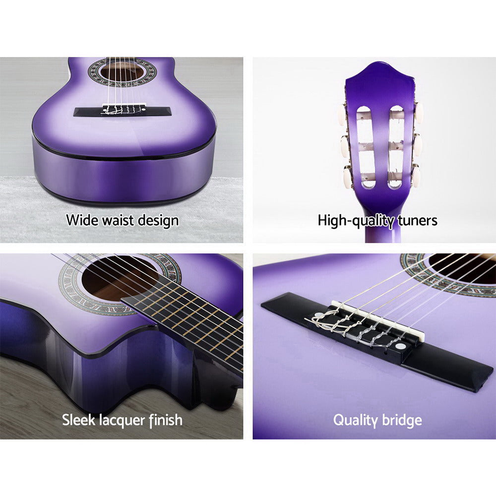 Alpha 34" Inch Guitar Classical Acoustic Cutaway Wooden Ideal Kids Gift Children 1/2 Size Purple-Audio & Video > Musical Instrument & Accessories-PEROZ Accessories