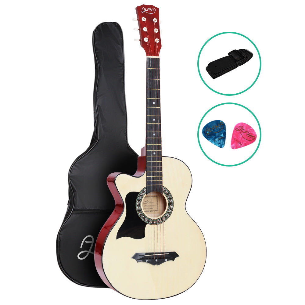 ALPHA 38 Inch Wooden Acoustic Guitar Left handed - Natural Wood-Audio & Video > Musical Instrument & Accessories-PEROZ Accessories