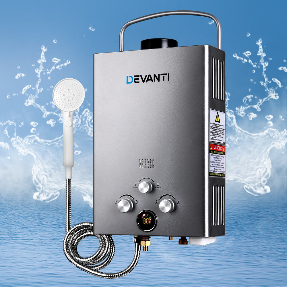 Devanti Portable Gas Water Heater 8LPM Outdoor Camping Shower Grey-Outdoor > Camping-PEROZ Accessories