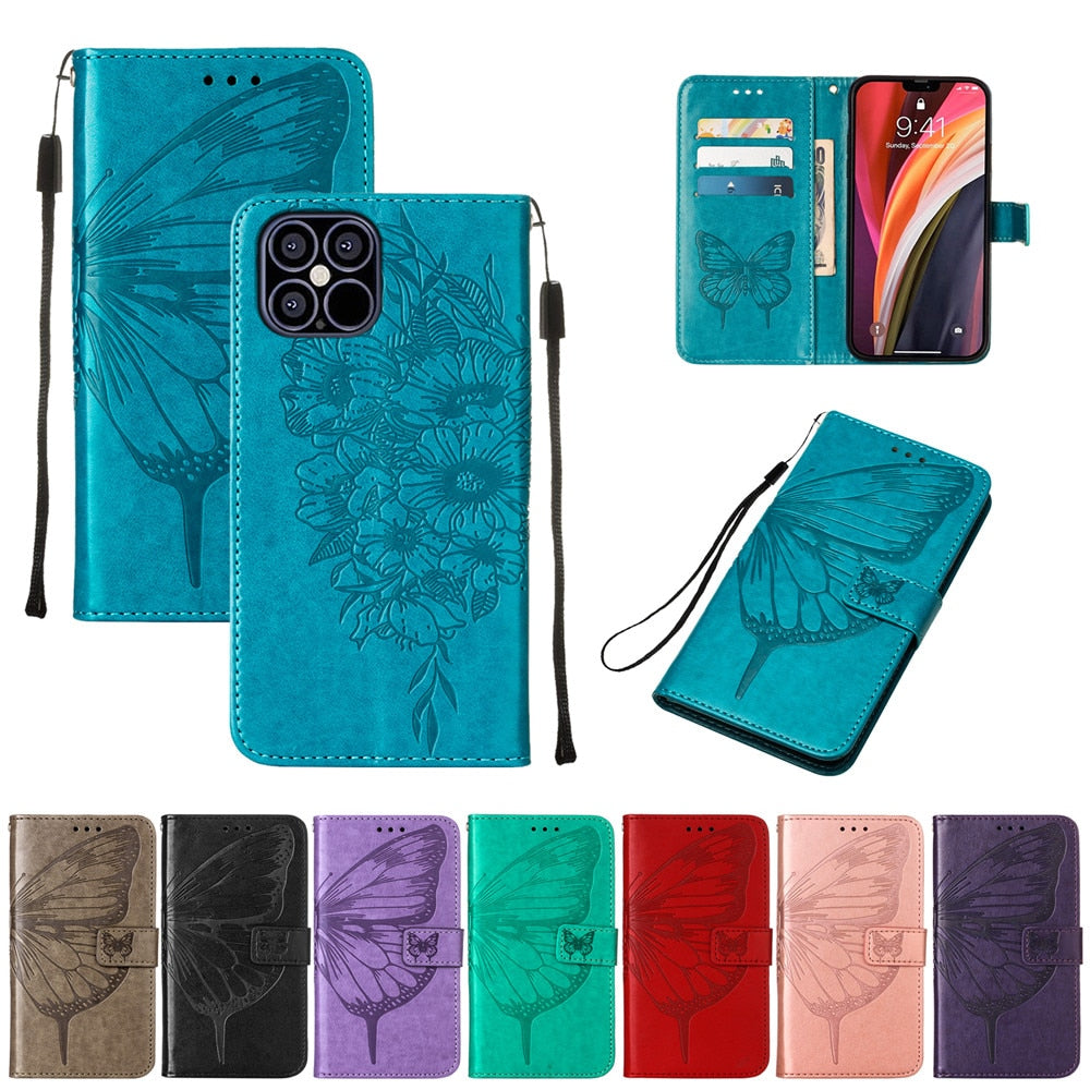 Anymob iPhone Case Ocean Blue Embossed Butterfly Flip Magnetic Wallet Leather Phone Cover-Mobile Phone Cases-PEROZ Accessories
