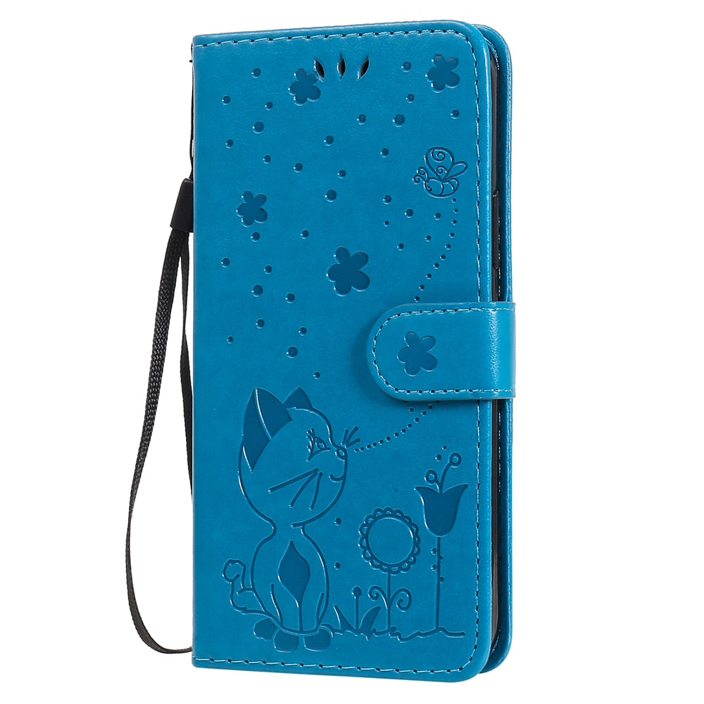 Anymob iPhone Gray Leather Flip Case Embossing Cat and Bee Cover-Mobile Phone Cases-PEROZ Accessories