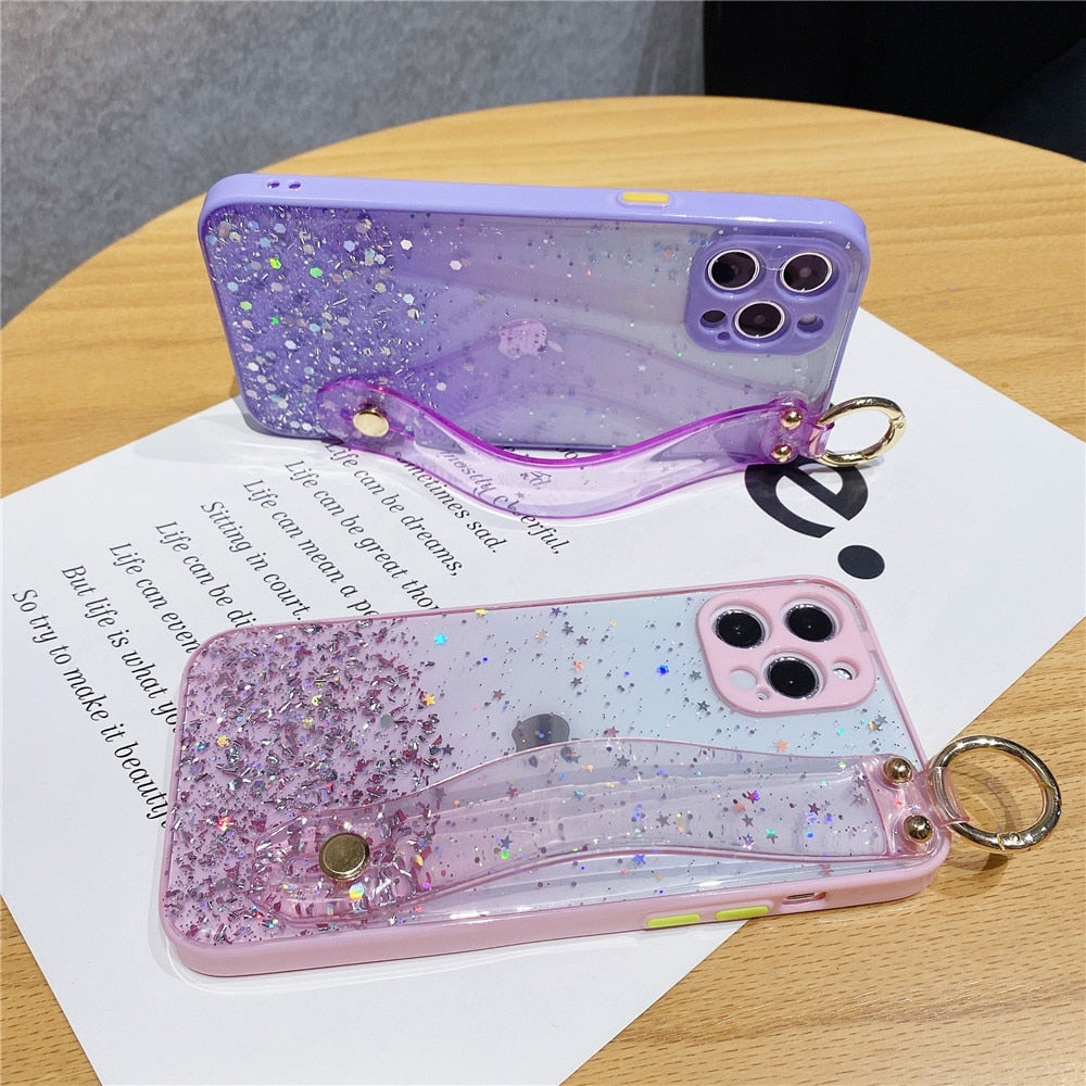 Anymob iPhone Case White Glitter Wristband Transparent Soft Wrist Strap Bracket Cover-Mobile Phone Cases-PEROZ Accessories
