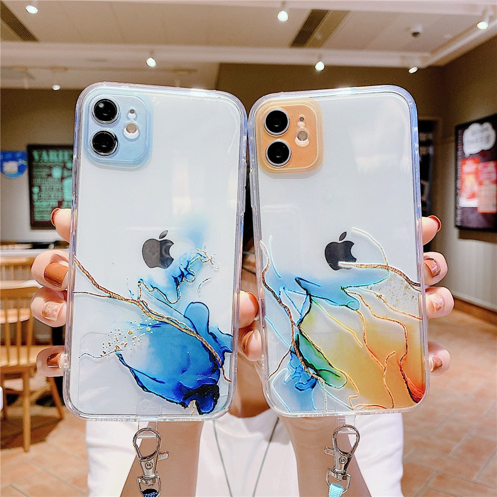 Anymob iPhone Case Pink Watercolor Pink Marble Soft Silicone Cover With Straps-Mobile Phone Cases-PEROZ Accessories