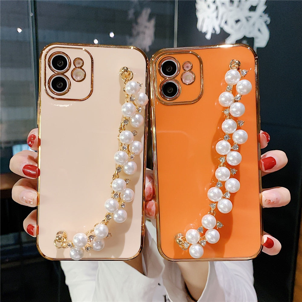 Anymob iPhone Case White Plating Pearl Chain Wrist Band Soft Silicone Cover-Mobile Phone Cases-PEROZ Accessories