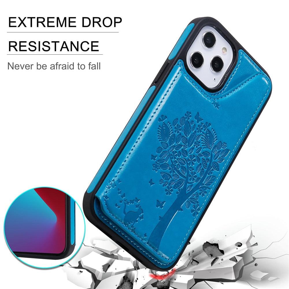 Anymob iPhone Case Mint Green 3D Tree Cat Leather Flip Wallet Cover-Mobile Phone Cases-PEROZ Accessories