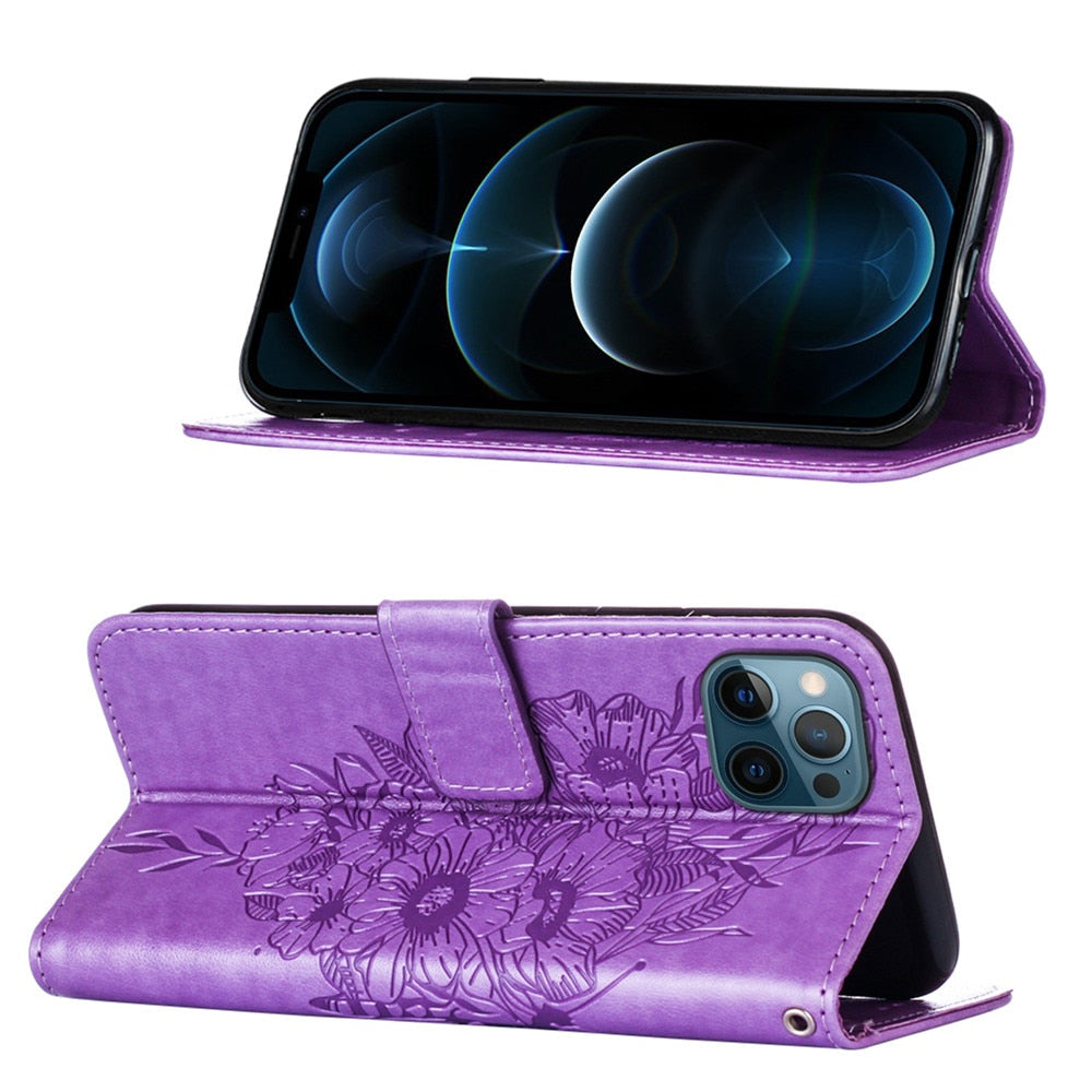 Anymob iPhone Case Dark Purple Embossed Butterfly Flip Magnetic Wallet Leather Phone Cover-Mobile Phone Cases-PEROZ Accessories