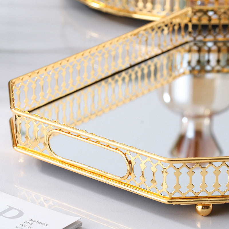 Anyhouz 29cm Gold Rectangle Glass Mirror Base Metal Vanity Food Serving Organisr Jewelry Cosmetics Storage Tray with Handle-Food & Accessory Tray-PEROZ Accessories