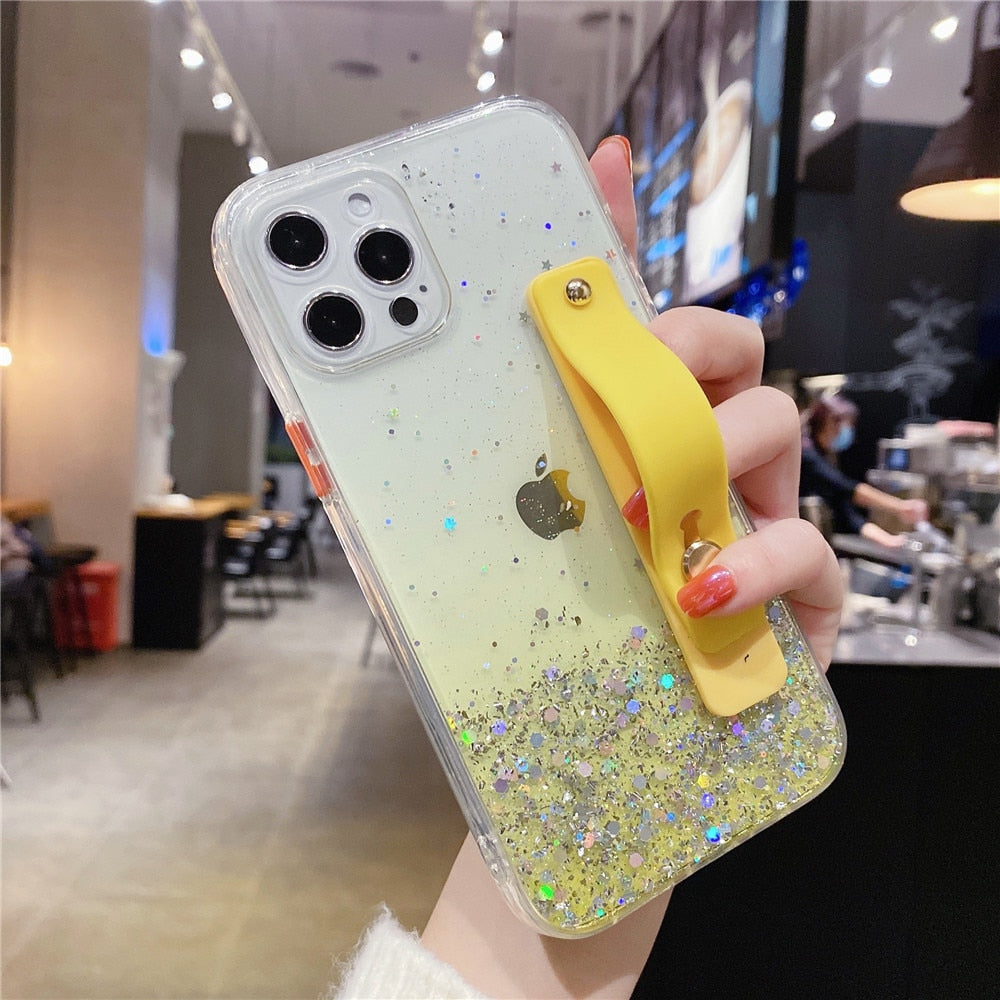 Anymob iPhone Case Pink Sequins Glitter Wrist Band Clear With Stand Holder Back Cover-Mobile Phone Cases-PEROZ Accessories