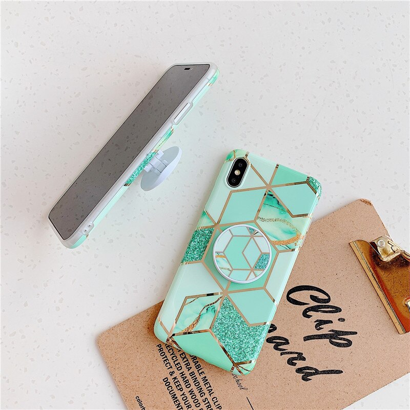 Anymob iPhone Gray Marble Case Holder Stand Splice Plating IMD Silicon Phone Cover-Mobile Phone Cases-PEROZ Accessories