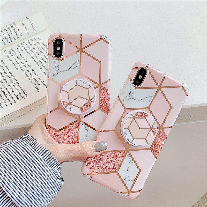 Anymob iPhone Orange Marble Case Holder Stand Splice Plating IMD Silicon Phone Cover-Mobile Phone Cases-PEROZ Accessories