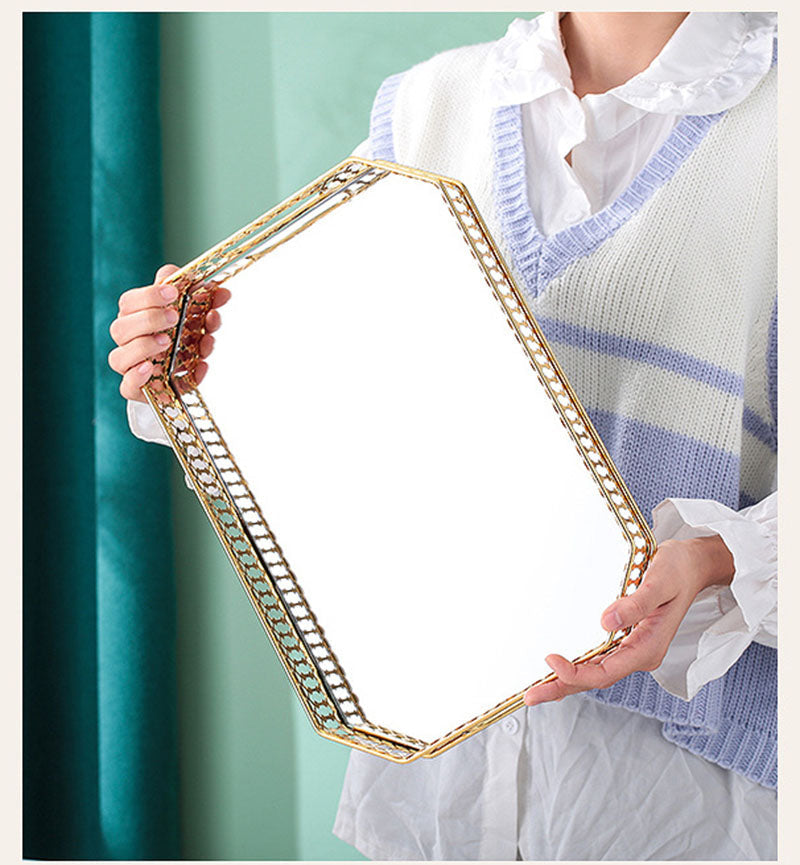 Anyhouz 29cm Gold Rectangle Glass Mirror Base Metal Vanity Food Serving Organisr Jewelry Cosmetics Storage Tray with Handle-Food & Accessory Tray-PEROZ Accessories