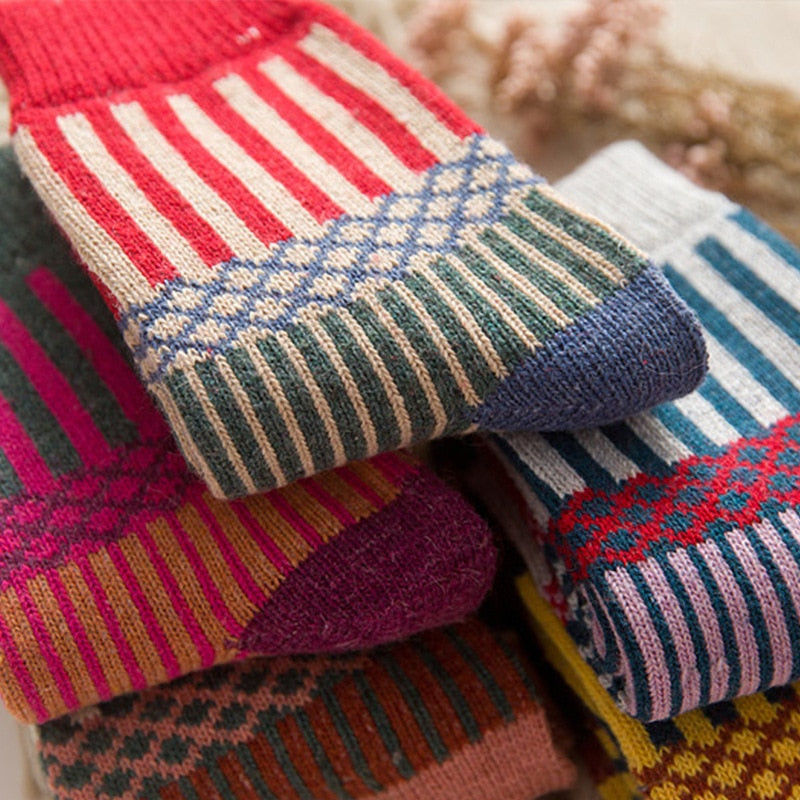 Anysox 5 Pairs One Size 5-9 Mix Color Winter Thick Warm Wool Socks With Colorful Fashionable And Casual Euramerican National Wind-Flowers Sock-Socks-PEROZ Accessories