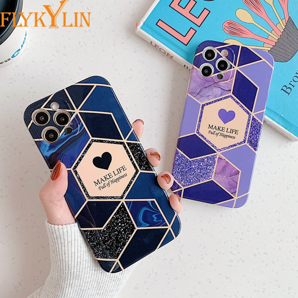 Anymob iPhone Case Purple Love Heart Geometric Marble Shockproof Soft Silicone Cover-Mobile Phone Cases-PEROZ Accessories