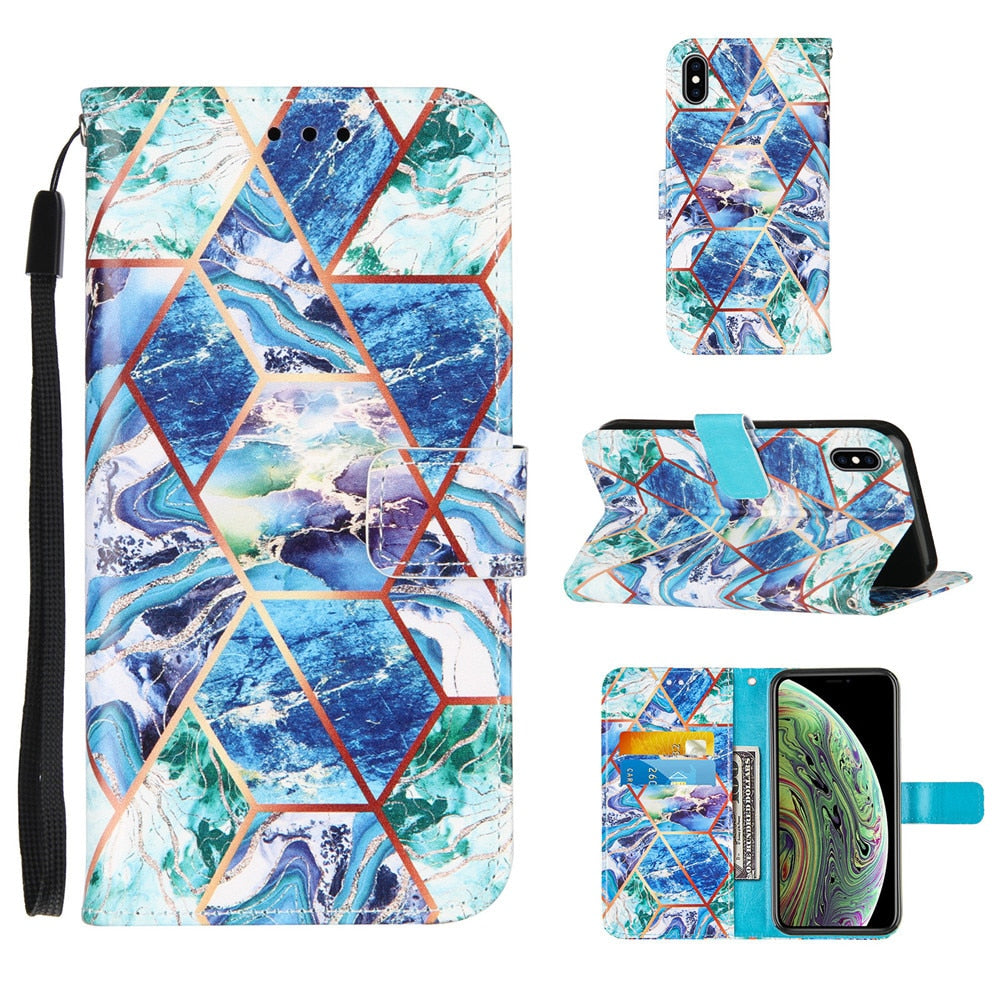Anymob iPhone Case Black and White Marble Leather Magnetic Flip Wallet Cover-Mobile Phone Cases-PEROZ Accessories