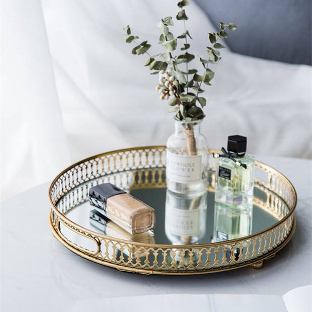 Anyhouz 25cm Gold Round Glass Mirror Base Metal Vanity Food Serving Organizer Jewelry Cosmetics Storage Tray with Handle-Food & Accessory Tray-PEROZ Accessories