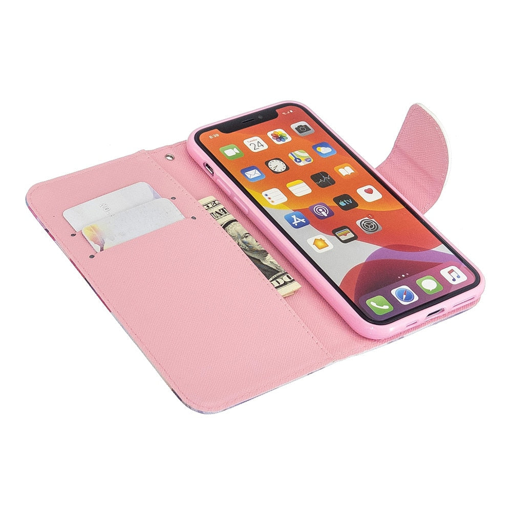 Anymob iPhone Case Multicolor Flower Unicorn Painted Leather Magnetic Flip Wallet Cover Shell-Mobile Phone Cases-PEROZ Accessories