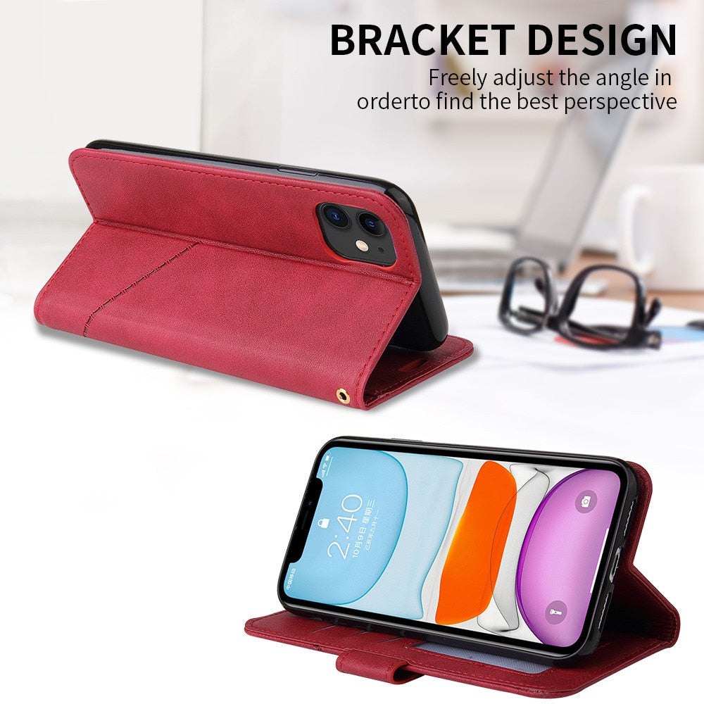 Anymob iPhone Case Red Fashion Flip Solid Color Leather Wallet Phone Bags Cover-Mobile Phone Cases-PEROZ Accessories