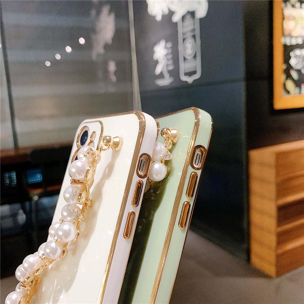 Anymob iPhone Case Blue Pearl Bracelet Electroplating Silicone Cover With Wristband-Mobile Phone Cases-PEROZ Accessories