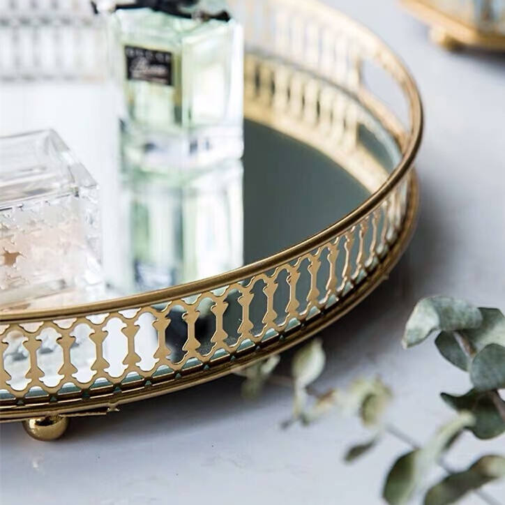 Anyhouz 25cm Gold Round Glass Mirror Base Metal Vanity Food Serving Organizer Jewelry Cosmetics Storage Tray with Handle-Food & Accessory Tray-PEROZ Accessories