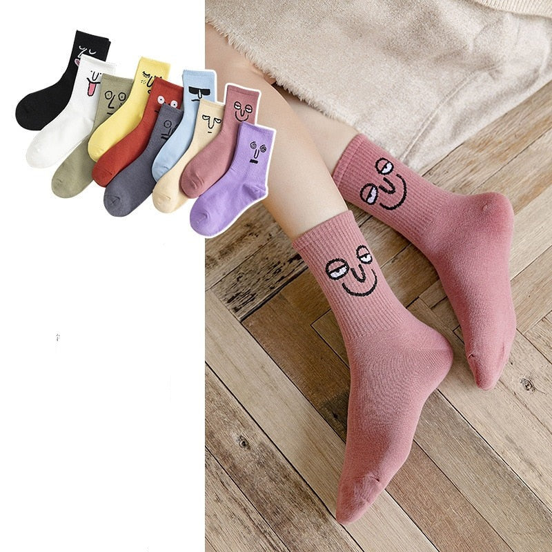 Anysox 5 Pairs One Size 5-9 Purple Unisex Wacky Expressions Style Trend Surprise Socks With Candy Colors Funny, Kawaii, Happy Girls Socks For Women-Socks-PEROZ Accessories