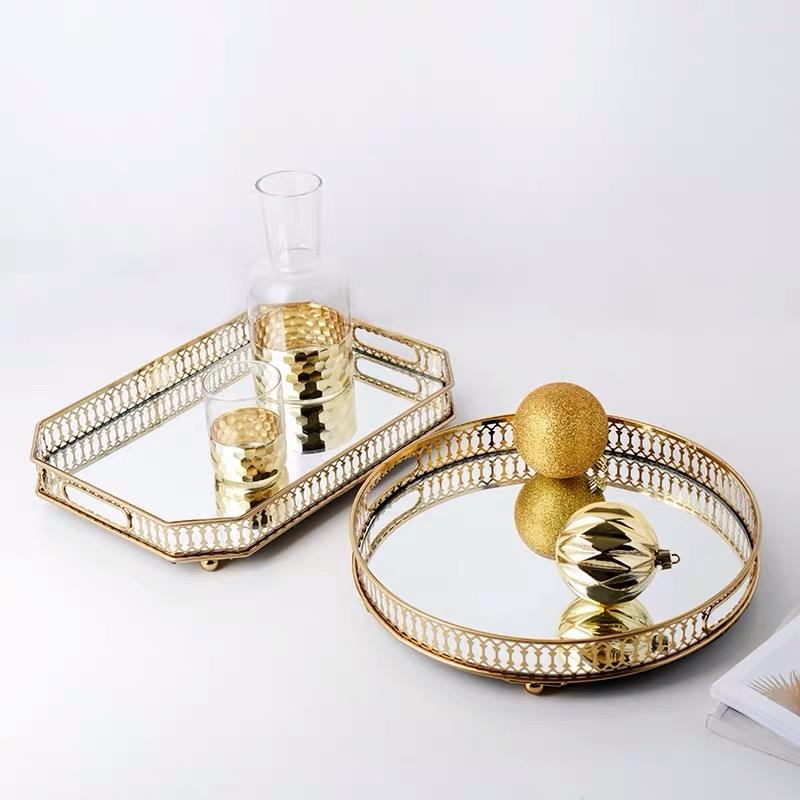 Anyhouz 25cm Gold Round Glass Mirror Base Metal Vanity Food Serving Organizer Jewelry Cosmetics Storage Tray with Handle-Food & Accessory Tray-PEROZ Accessories