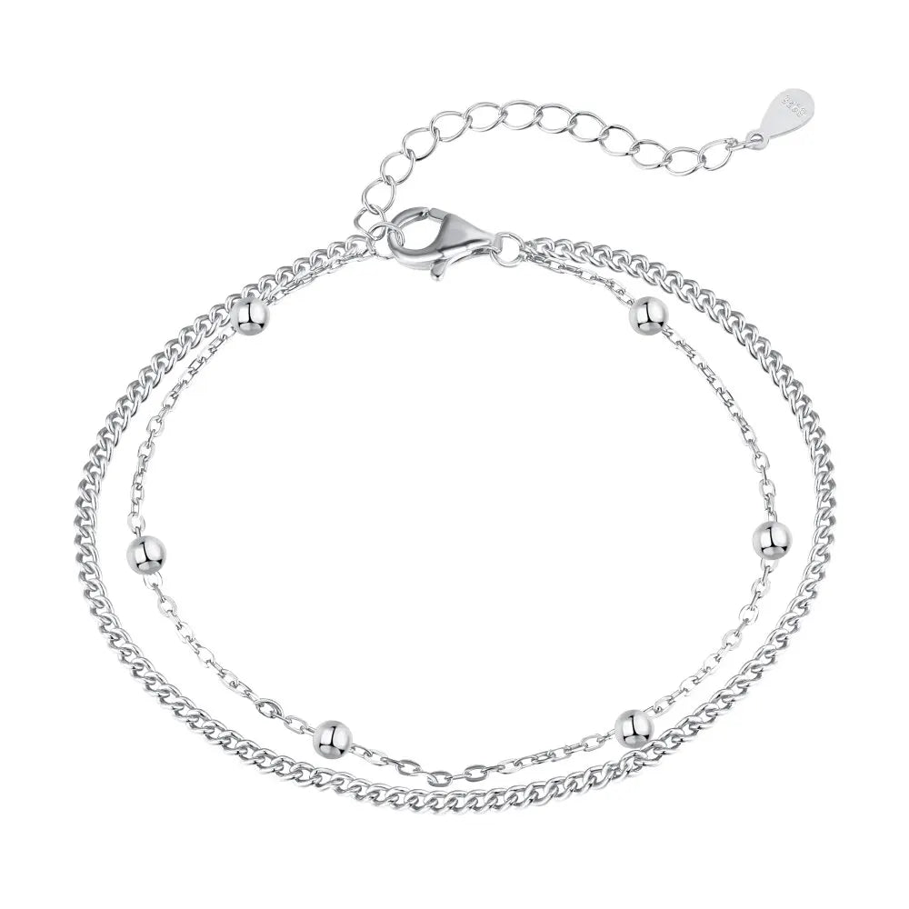 Anyco Bracelet Dainty Minimalist Fine Adjustable Findings Pulsera 925 Plata For Girls Jewelry Silver Double Chain Bead Bracelet-Bracelets-PEROZ Accessories