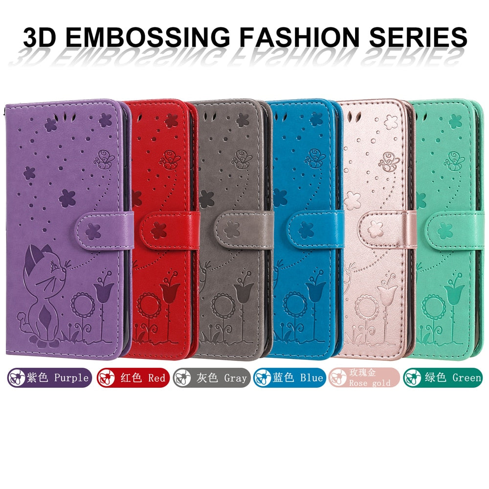 Anymob iPhone Gray Leather Flip Case Embossing Cat and Bee Cover-Mobile Phone Cases-PEROZ Accessories