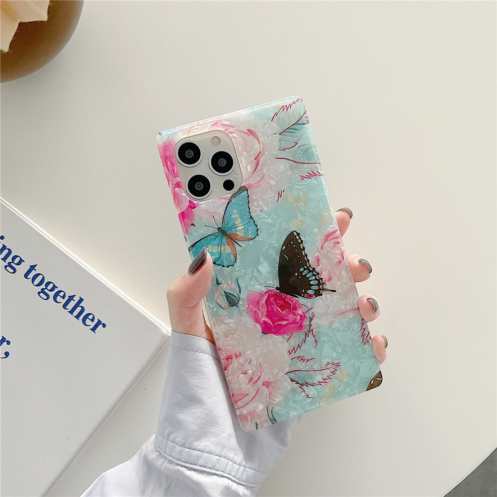Anymob iPhone Case Green Cartoon Butterfly Soft Silicone Square Shell Pattern-Mobile Phone Cases-PEROZ Accessories