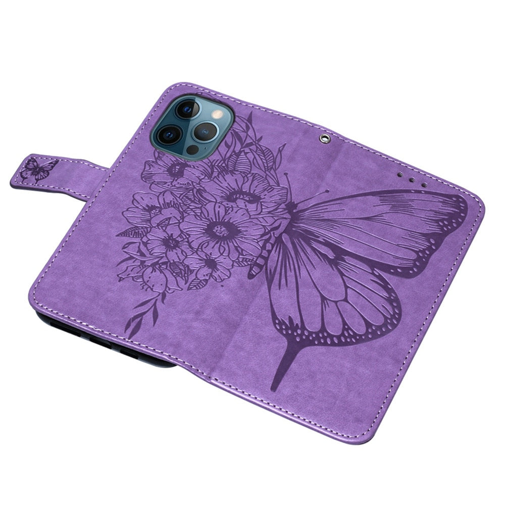 Anymob iPhone Case Ocean Blue Embossed Butterfly Flip Magnetic Wallet Leather Phone Cover-Mobile Phone Cases-PEROZ Accessories