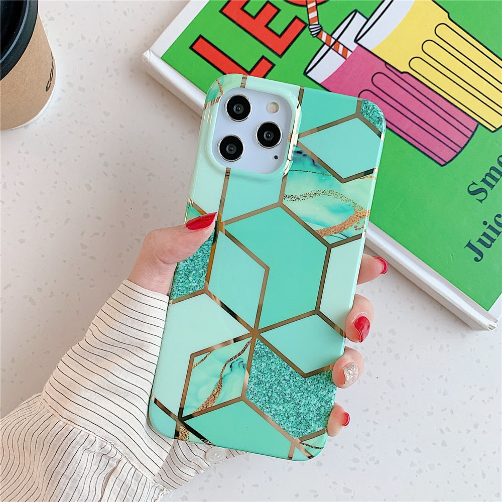 Anymob iPhone Blue Green Glossy Marble Phone Case Silicone Shockproof Bumper Cover-Mobile Phone Cases-PEROZ Accessories