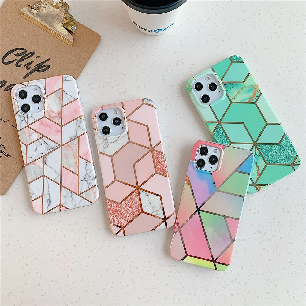 Anymob iPhone Blue Green Glossy Marble Phone Case Silicone Shockproof Bumper Cover-Mobile Phone Cases-PEROZ Accessories