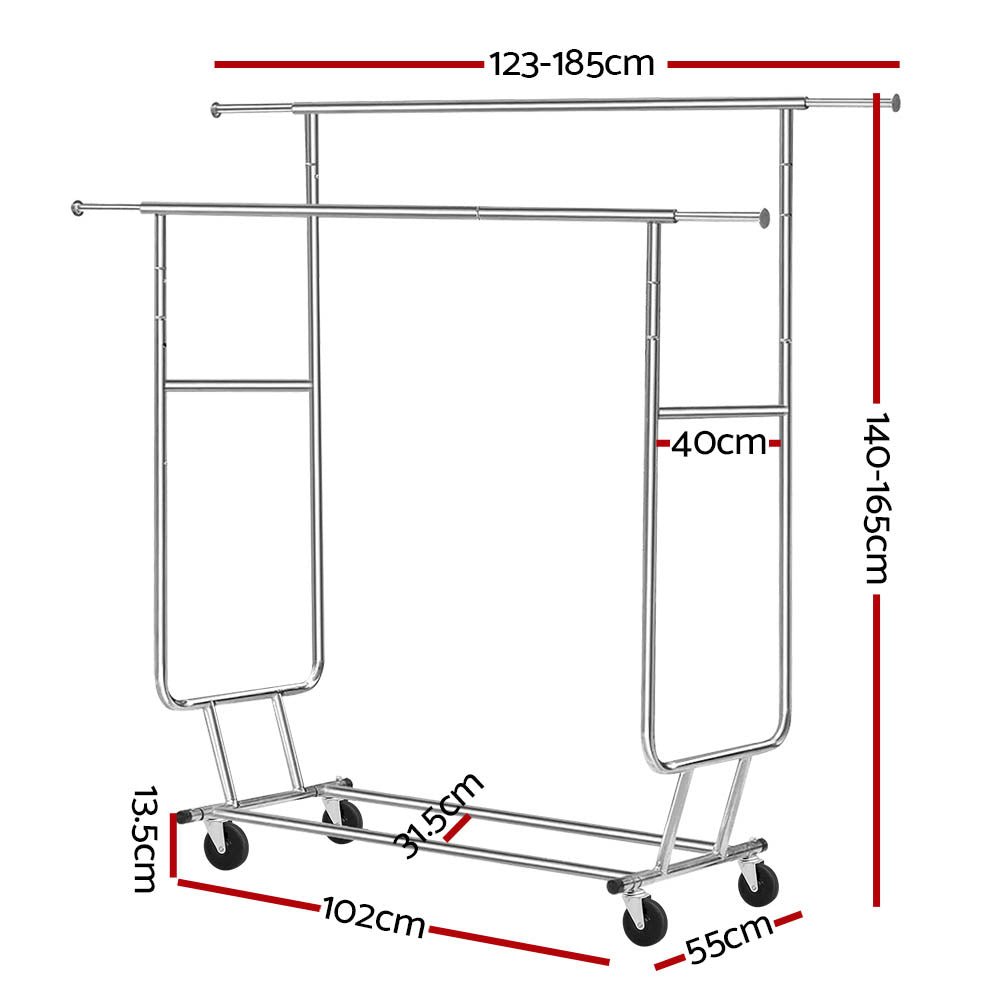Artiss 6FT Double Rail Clothes Rack Coat Stand Adjustable Garment Rolling Hanger-Furniture > Bedroom - Peroz Australia - Image - 3